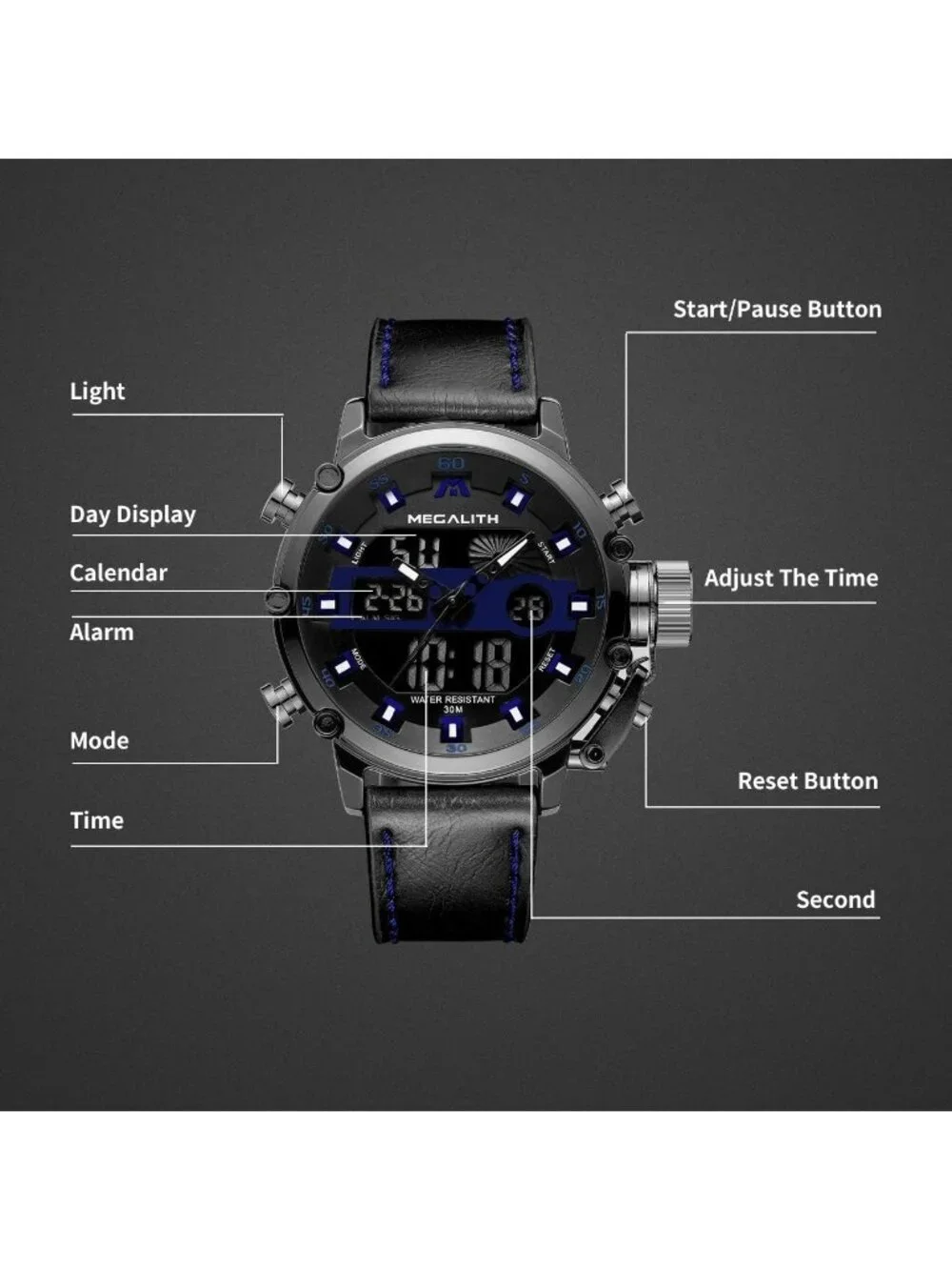 Men's Black And Blue Analog Leather Strap Waterproof Multifunction Digital Watch